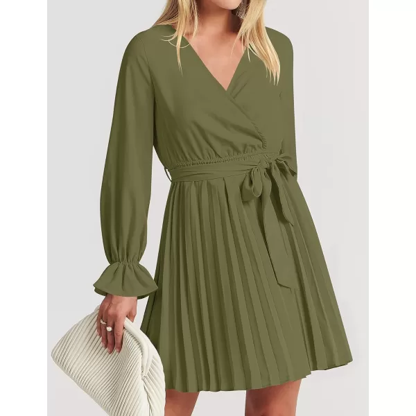 imageZESICA Womens 2023 Casual Wrap V Neck Long Sleeve Tie Waist Swing Pleated Wedding Guest Mini DressArmygreen