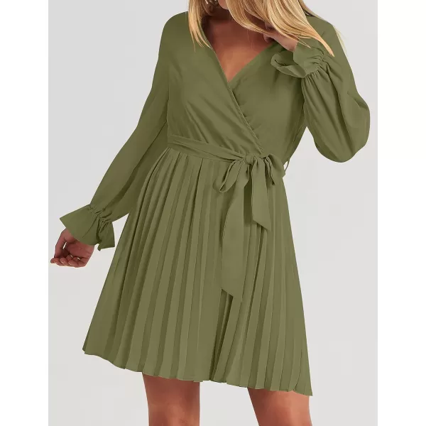 imageZESICA Womens 2023 Casual Wrap V Neck Long Sleeve Tie Waist Swing Pleated Wedding Guest Mini DressArmygreen