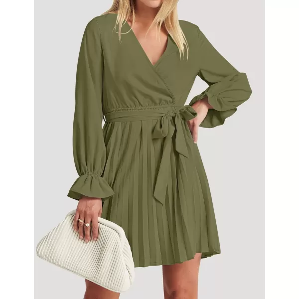 imageZESICA Womens 2023 Casual Wrap V Neck Long Sleeve Tie Waist Swing Pleated Wedding Guest Mini DressArmygreen