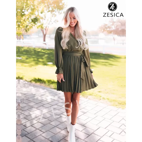 imageZESICA Womens 2023 Casual Wrap V Neck Long Sleeve Tie Waist Swing Pleated Wedding Guest Mini DressArmygreen
