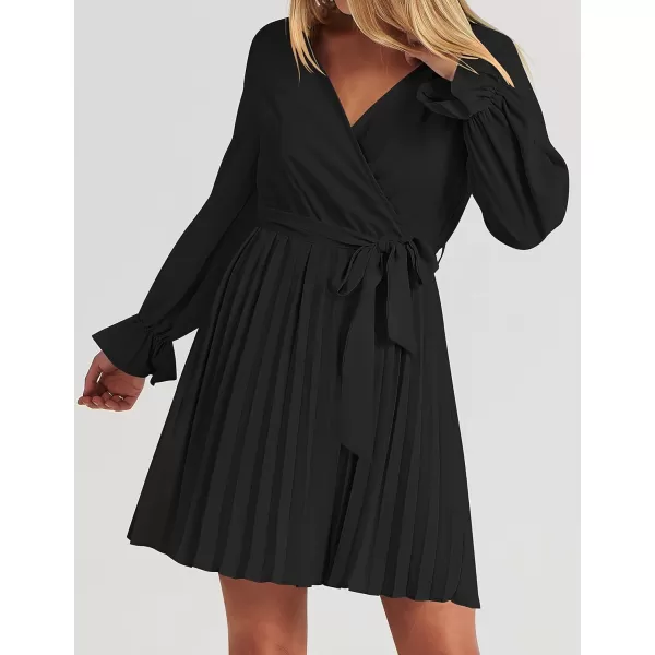 imageZESICA Womens 2023 Casual Wrap V Neck Long Sleeve Tie Waist Swing Pleated Wedding Guest Mini DressBlack