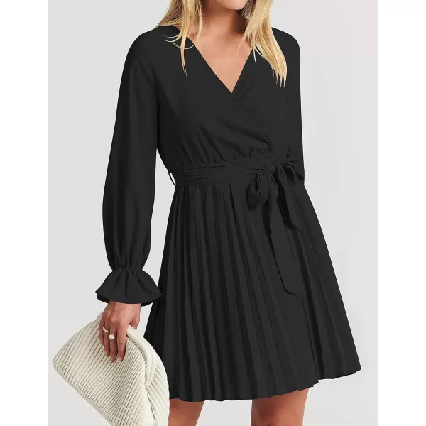 imageZESICA Womens 2023 Casual Wrap V Neck Long Sleeve Tie Waist Swing Pleated Wedding Guest Mini DressBlack