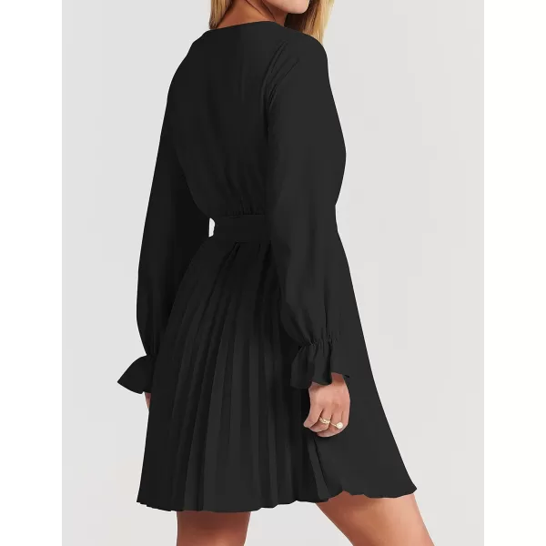 imageZESICA Womens 2023 Casual Wrap V Neck Long Sleeve Tie Waist Swing Pleated Wedding Guest Mini DressBlack