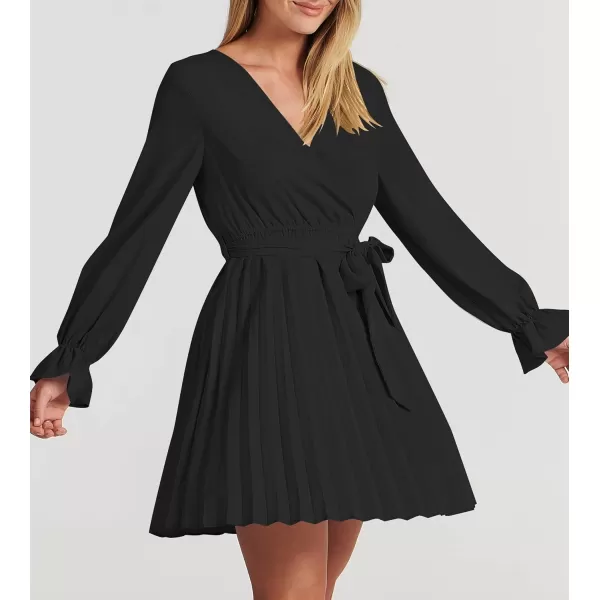 imageZESICA Womens 2023 Casual Wrap V Neck Long Sleeve Tie Waist Swing Pleated Wedding Guest Mini DressBlack
