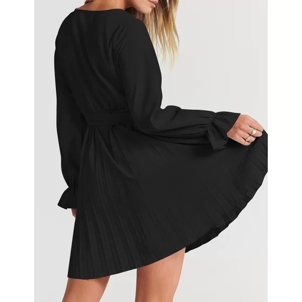 imageZESICA Womens 2023 Casual Wrap V Neck Long Sleeve Tie Waist Swing Pleated Wedding Guest Mini DressBlack