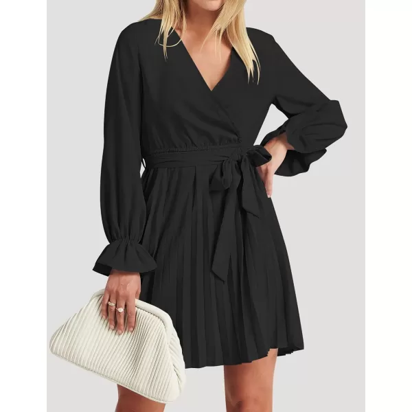 imageZESICA Womens 2023 Casual Wrap V Neck Long Sleeve Tie Waist Swing Pleated Wedding Guest Mini DressBlack