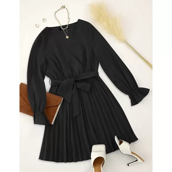 imageZESICA Womens 2023 Casual Wrap V Neck Long Sleeve Tie Waist Swing Pleated Wedding Guest Mini DressBlack