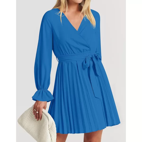 imageZESICA Womens 2023 Casual Wrap V Neck Long Sleeve Tie Waist Swing Pleated Wedding Guest Mini DressCobalt
