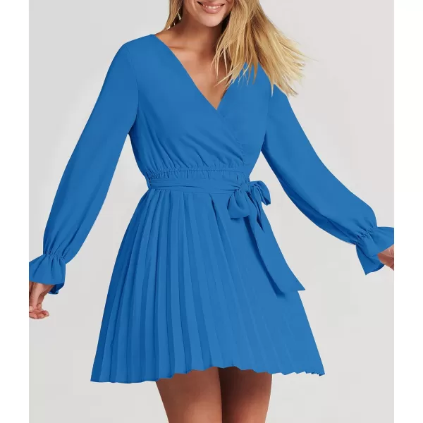 imageZESICA Womens 2023 Casual Wrap V Neck Long Sleeve Tie Waist Swing Pleated Wedding Guest Mini DressCobalt