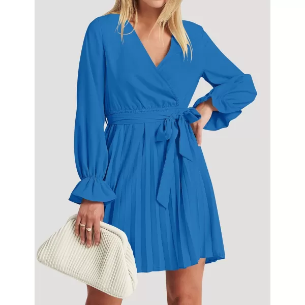 imageZESICA Womens 2023 Casual Wrap V Neck Long Sleeve Tie Waist Swing Pleated Wedding Guest Mini DressCobalt
