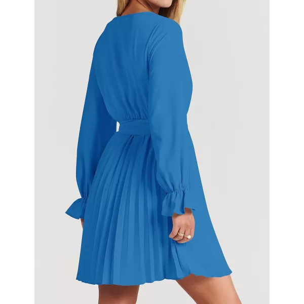 imageZESICA Womens 2023 Casual Wrap V Neck Long Sleeve Tie Waist Swing Pleated Wedding Guest Mini DressCobalt