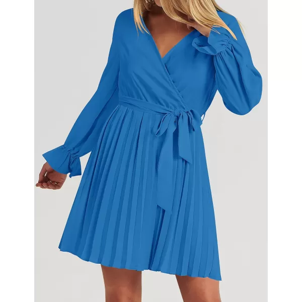 imageZESICA Womens 2023 Casual Wrap V Neck Long Sleeve Tie Waist Swing Pleated Wedding Guest Mini DressCobalt