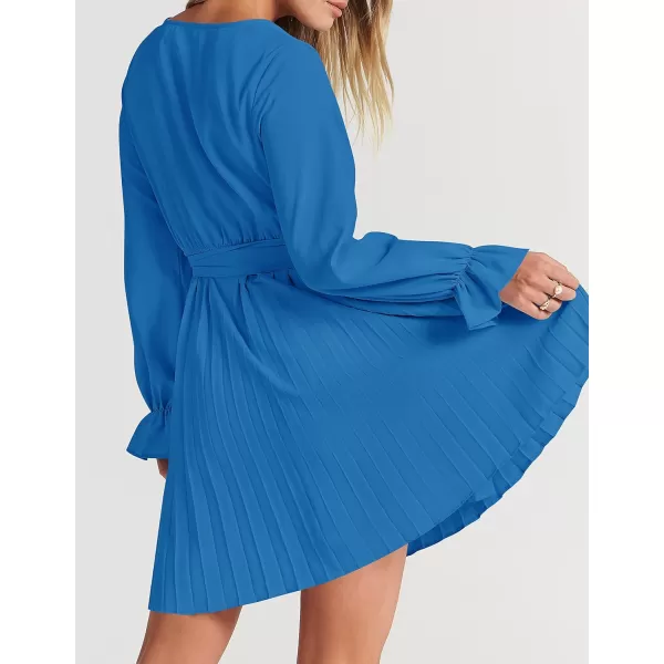 imageZESICA Womens 2023 Casual Wrap V Neck Long Sleeve Tie Waist Swing Pleated Wedding Guest Mini DressCobalt