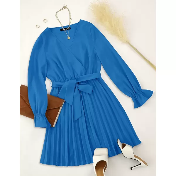 imageZESICA Womens 2023 Casual Wrap V Neck Long Sleeve Tie Waist Swing Pleated Wedding Guest Mini DressCobalt