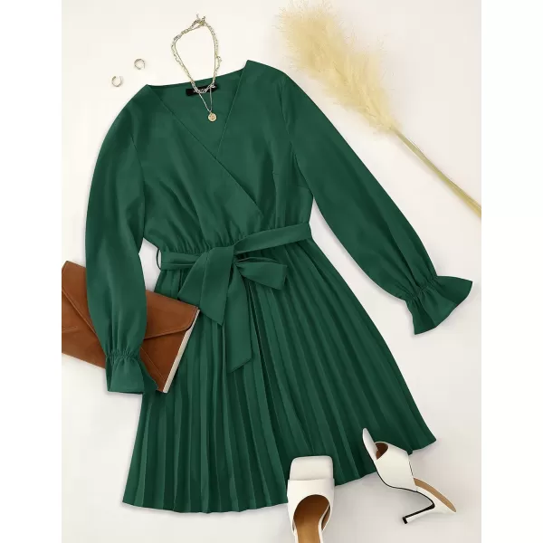 imageZESICA Womens 2023 Casual Wrap V Neck Long Sleeve Tie Waist Swing Pleated Wedding Guest Mini DressDarkgreen