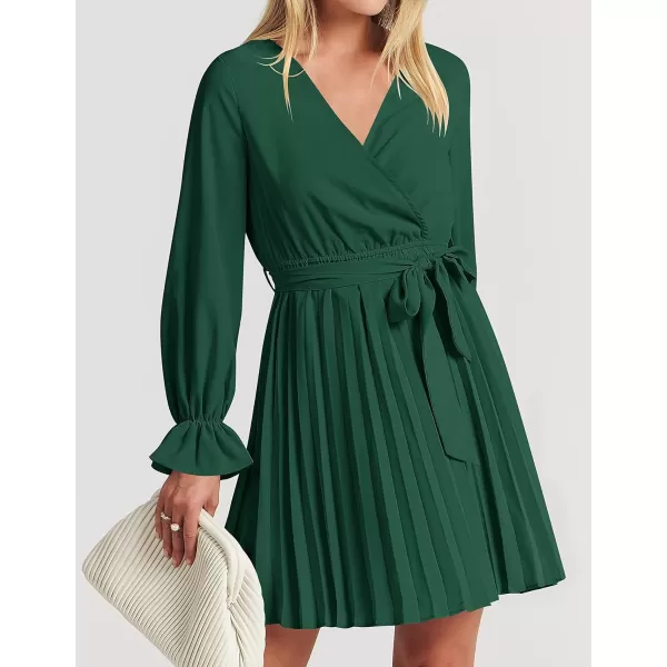 imageZESICA Womens 2023 Casual Wrap V Neck Long Sleeve Tie Waist Swing Pleated Wedding Guest Mini DressDarkgreen