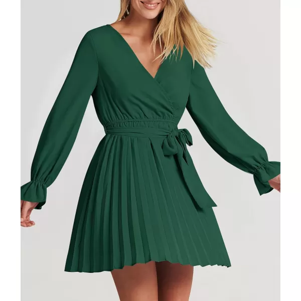 imageZESICA Womens 2023 Casual Wrap V Neck Long Sleeve Tie Waist Swing Pleated Wedding Guest Mini DressDarkgreen