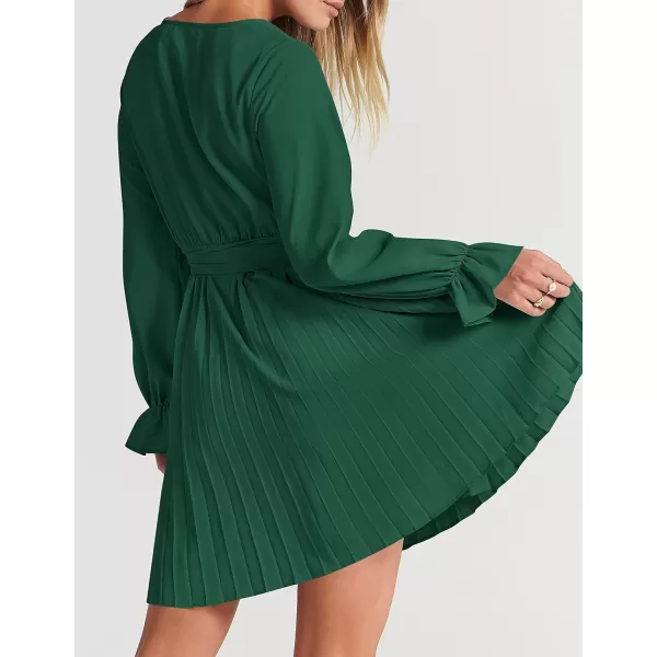 imageZESICA Womens 2023 Casual Wrap V Neck Long Sleeve Tie Waist Swing Pleated Wedding Guest Mini DressDarkgreen