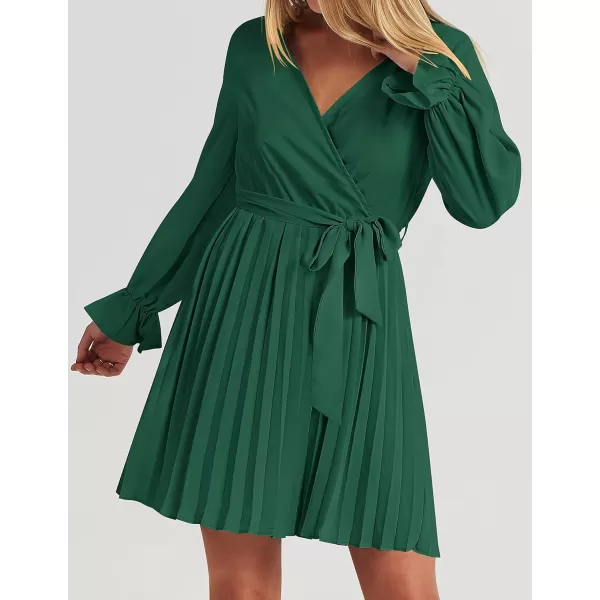 imageZESICA Womens 2023 Casual Wrap V Neck Long Sleeve Tie Waist Swing Pleated Wedding Guest Mini DressDarkgreen