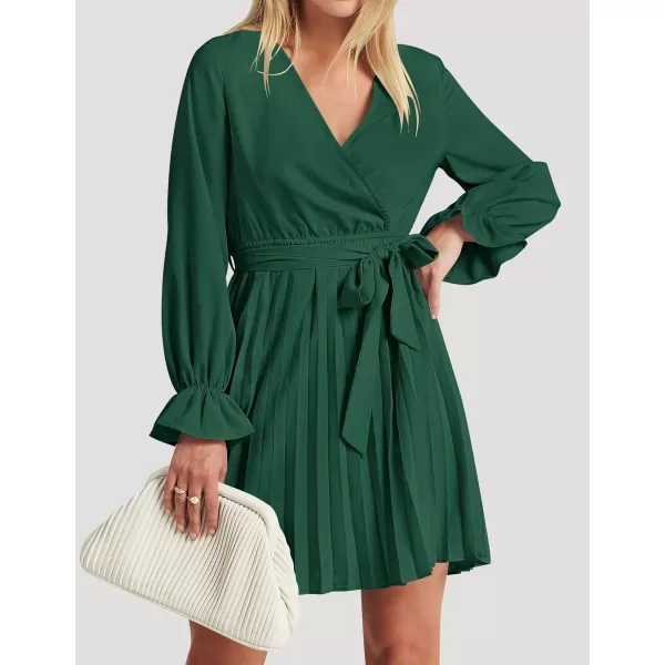 imageZESICA Womens 2023 Casual Wrap V Neck Long Sleeve Tie Waist Swing Pleated Wedding Guest Mini DressDarkgreen