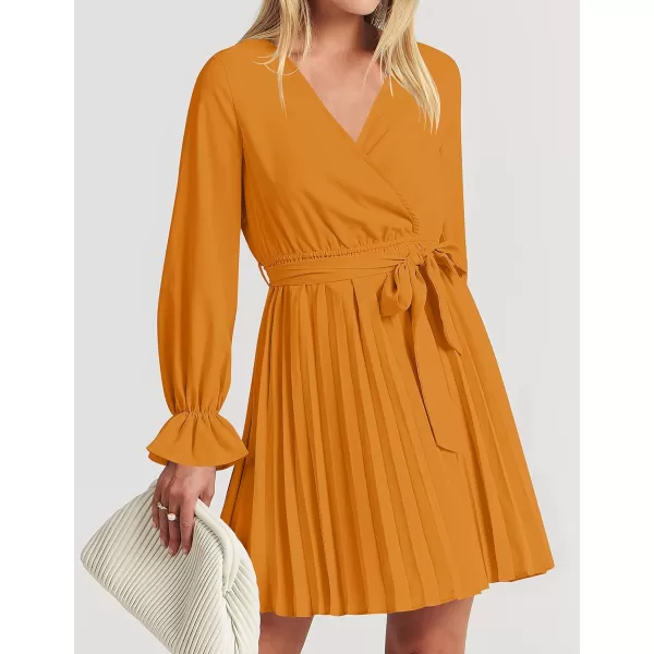 imageZESICA Womens 2023 Casual Wrap V Neck Long Sleeve Tie Waist Swing Pleated Wedding Guest Mini DressGinger