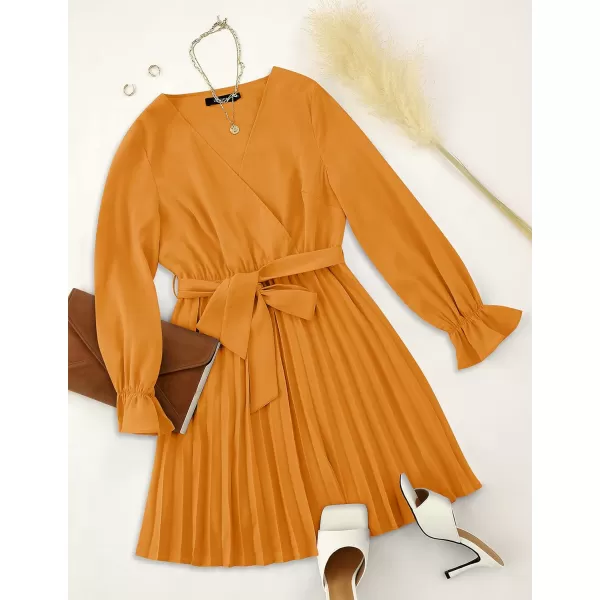 imageZESICA Womens 2023 Casual Wrap V Neck Long Sleeve Tie Waist Swing Pleated Wedding Guest Mini DressGinger