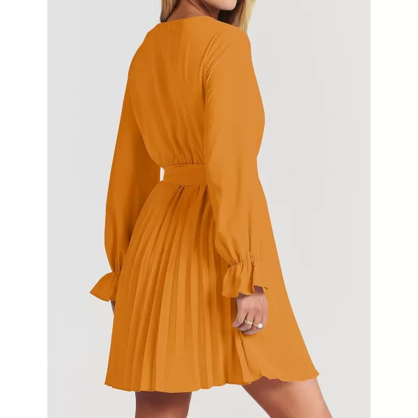 imageZESICA Womens 2023 Casual Wrap V Neck Long Sleeve Tie Waist Swing Pleated Wedding Guest Mini DressGinger