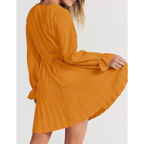 imageZESICA Womens 2023 Casual Wrap V Neck Long Sleeve Tie Waist Swing Pleated Wedding Guest Mini DressGinger