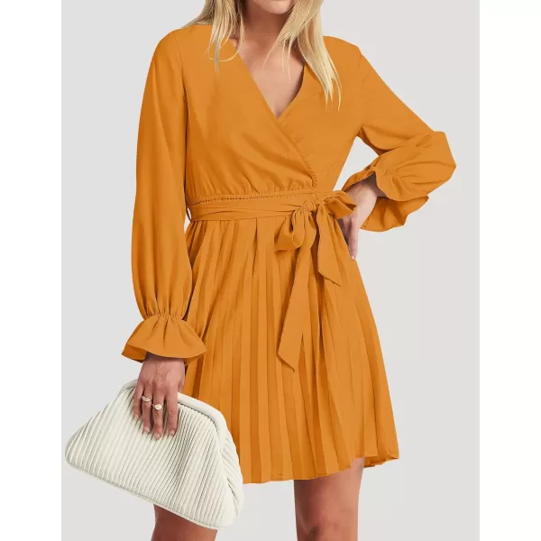 imageZESICA Womens 2023 Casual Wrap V Neck Long Sleeve Tie Waist Swing Pleated Wedding Guest Mini DressGinger