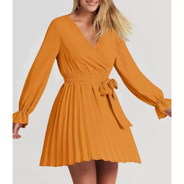 imageZESICA Womens 2023 Casual Wrap V Neck Long Sleeve Tie Waist Swing Pleated Wedding Guest Mini DressGinger