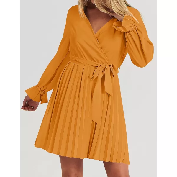 imageZESICA Womens 2023 Casual Wrap V Neck Long Sleeve Tie Waist Swing Pleated Wedding Guest Mini DressGinger