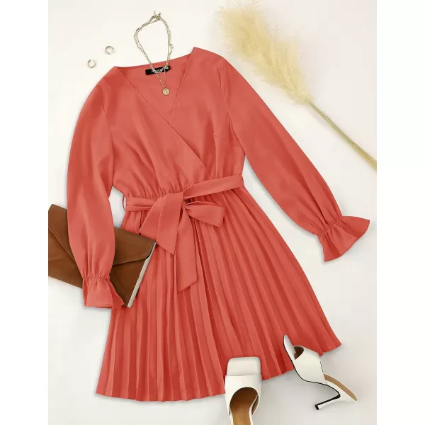 imageZESICA Womens 2023 Casual Wrap V Neck Long Sleeve Tie Waist Swing Pleated Wedding Guest Mini DressGrapefruit
