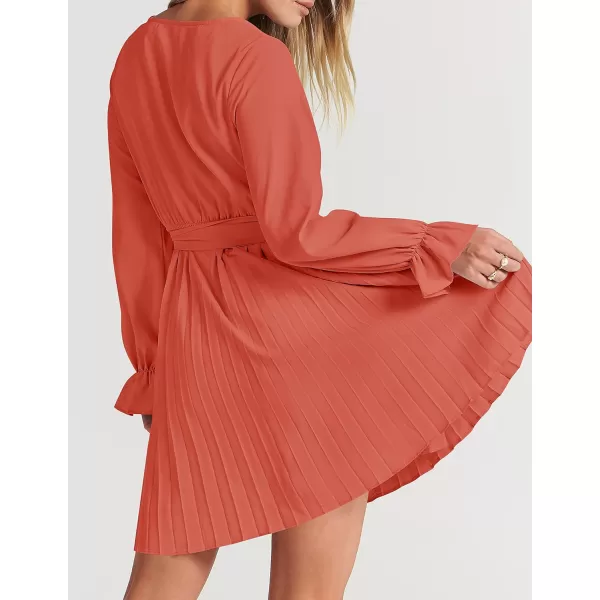 imageZESICA Womens 2023 Casual Wrap V Neck Long Sleeve Tie Waist Swing Pleated Wedding Guest Mini DressGrapefruit