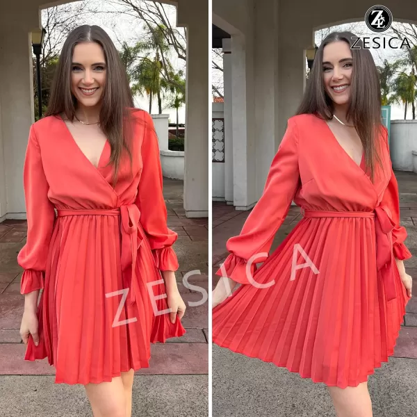 imageZESICA Womens 2023 Casual Wrap V Neck Long Sleeve Tie Waist Swing Pleated Wedding Guest Mini DressGrapefruit