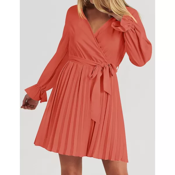 imageZESICA Womens 2023 Casual Wrap V Neck Long Sleeve Tie Waist Swing Pleated Wedding Guest Mini DressGrapefruit
