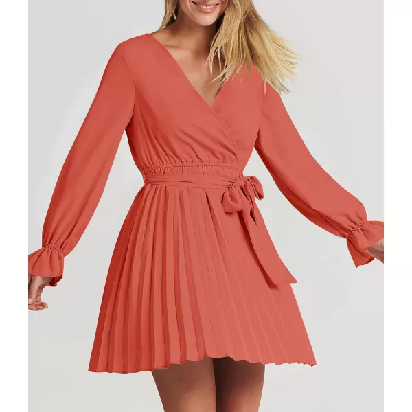 imageZESICA Womens 2023 Casual Wrap V Neck Long Sleeve Tie Waist Swing Pleated Wedding Guest Mini DressGrapefruit