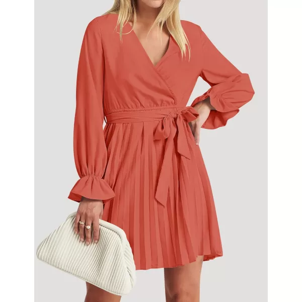 imageZESICA Womens 2023 Casual Wrap V Neck Long Sleeve Tie Waist Swing Pleated Wedding Guest Mini DressGrapefruit