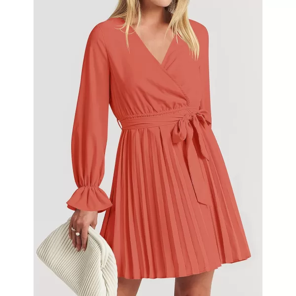 imageZESICA Womens 2023 Casual Wrap V Neck Long Sleeve Tie Waist Swing Pleated Wedding Guest Mini DressGrapefruit