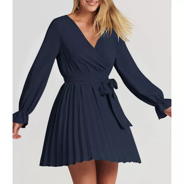 imageZESICA Womens 2023 Casual Wrap V Neck Long Sleeve Tie Waist Swing Pleated Wedding Guest Mini DressNavy