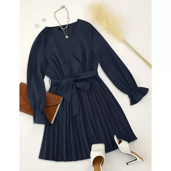 imageZESICA Womens 2023 Casual Wrap V Neck Long Sleeve Tie Waist Swing Pleated Wedding Guest Mini DressNavy