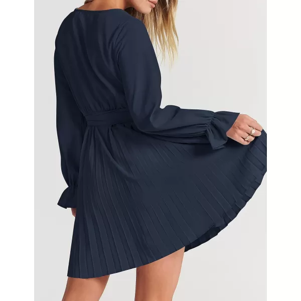 imageZESICA Womens 2023 Casual Wrap V Neck Long Sleeve Tie Waist Swing Pleated Wedding Guest Mini DressNavy