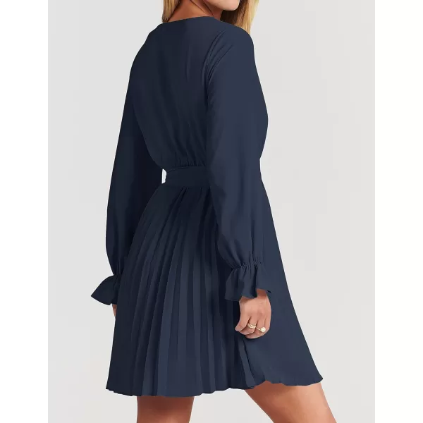 imageZESICA Womens 2023 Casual Wrap V Neck Long Sleeve Tie Waist Swing Pleated Wedding Guest Mini DressNavy