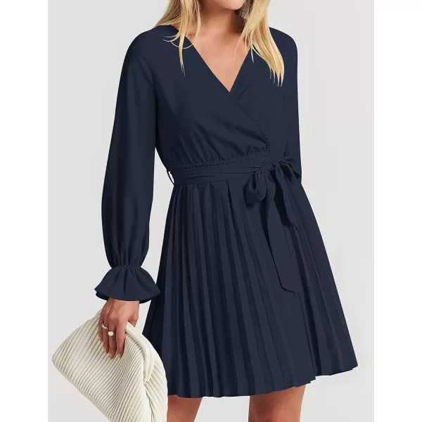 imageZESICA Womens 2023 Casual Wrap V Neck Long Sleeve Tie Waist Swing Pleated Wedding Guest Mini DressNavy