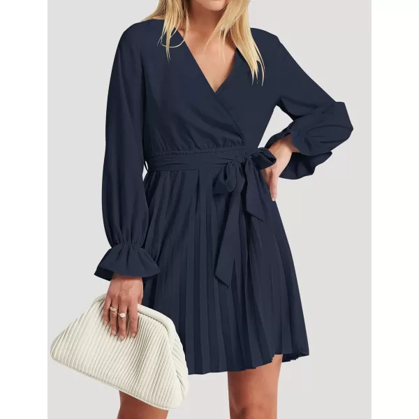 imageZESICA Womens 2023 Casual Wrap V Neck Long Sleeve Tie Waist Swing Pleated Wedding Guest Mini DressNavy