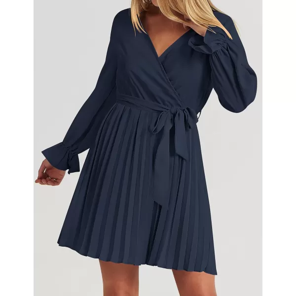imageZESICA Womens 2023 Casual Wrap V Neck Long Sleeve Tie Waist Swing Pleated Wedding Guest Mini DressNavy