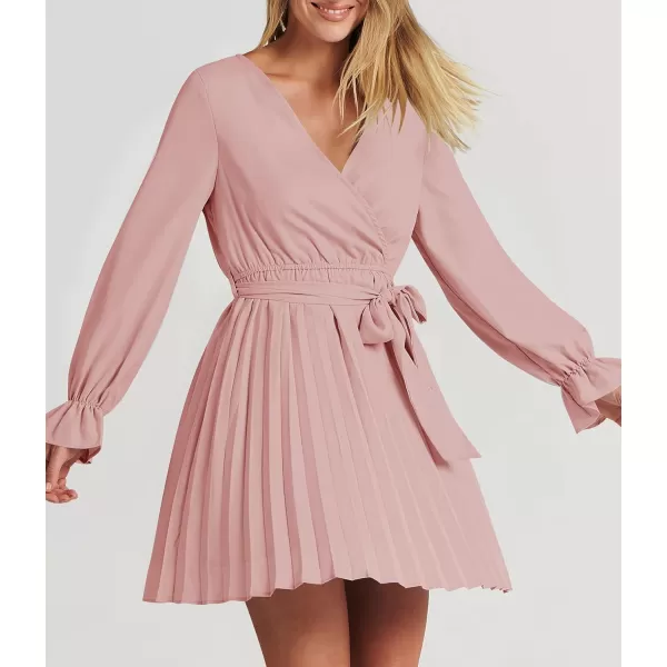 imageZESICA Womens 2023 Casual Wrap V Neck Long Sleeve Tie Waist Swing Pleated Wedding Guest Mini DressPink