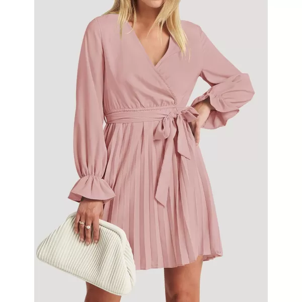 imageZESICA Womens 2023 Casual Wrap V Neck Long Sleeve Tie Waist Swing Pleated Wedding Guest Mini DressPink
