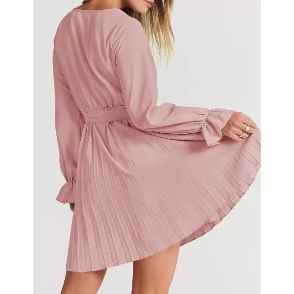 imageZESICA Womens 2023 Casual Wrap V Neck Long Sleeve Tie Waist Swing Pleated Wedding Guest Mini DressPink