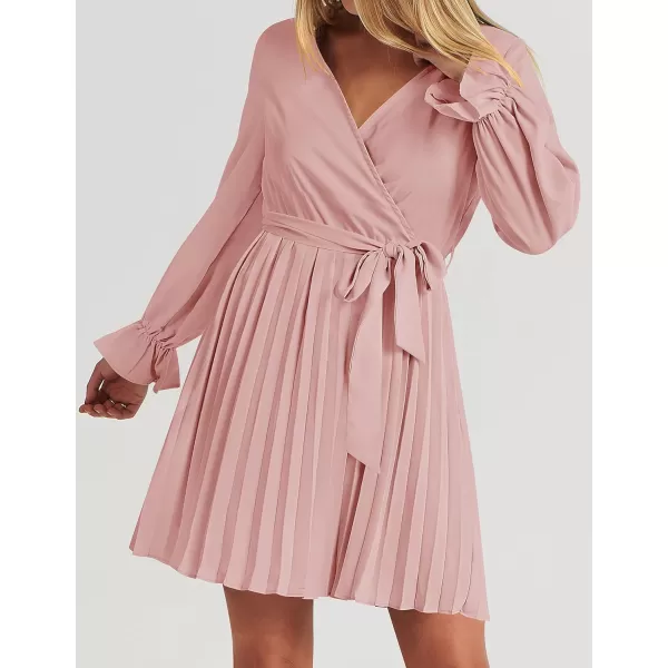 imageZESICA Womens 2023 Casual Wrap V Neck Long Sleeve Tie Waist Swing Pleated Wedding Guest Mini DressPink