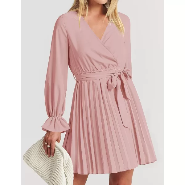 imageZESICA Womens 2023 Casual Wrap V Neck Long Sleeve Tie Waist Swing Pleated Wedding Guest Mini DressPink